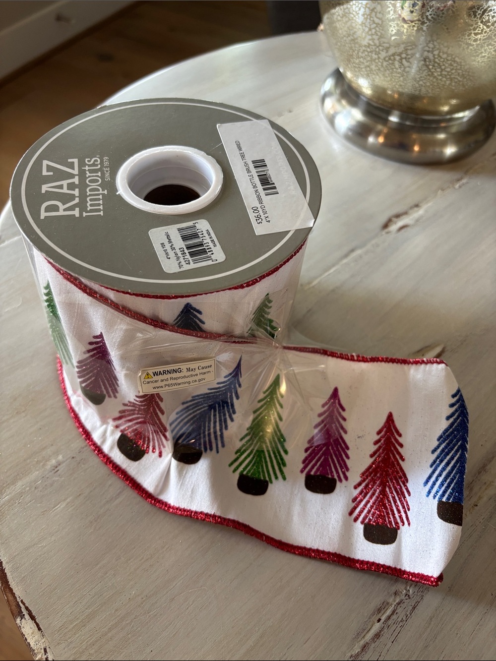 Raz Imports White Holiday Ribbon with Multicolor Tree Motif and Red Wired Edge
